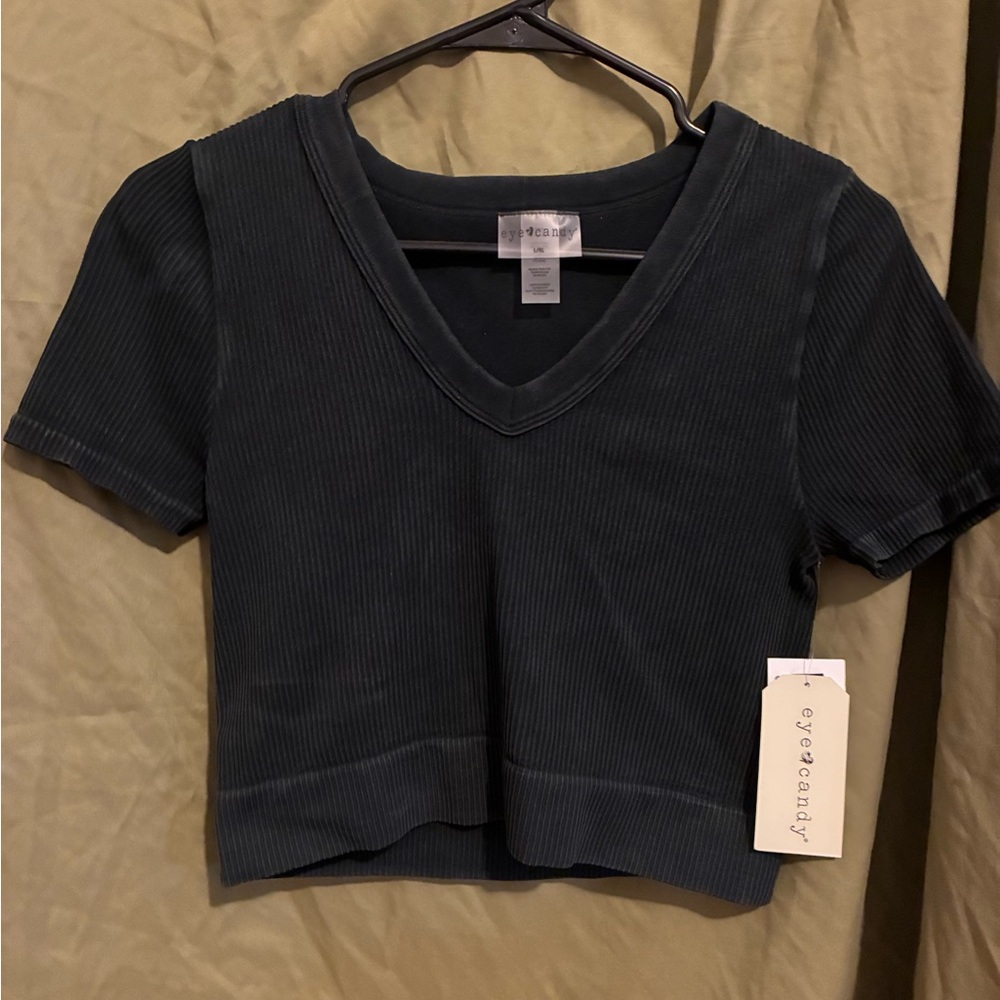 Eye Candy Dark Green Ribbed Short Sleeve Top